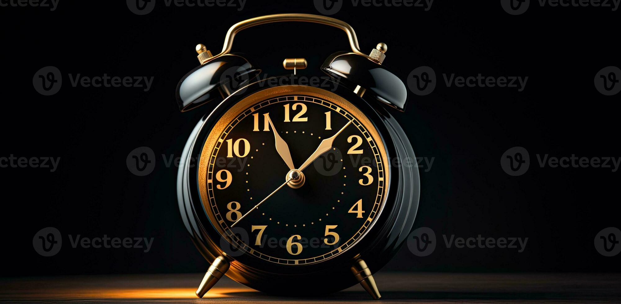 AI Generated Black round old alarm clock on black background photo