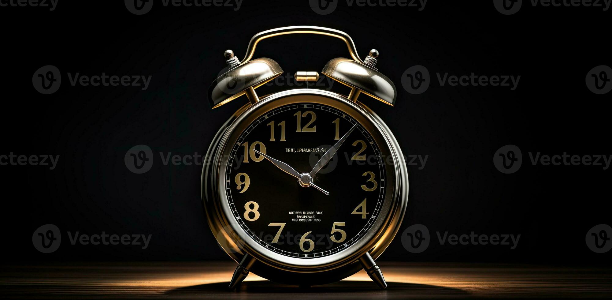 AI Generated Black round old alarm clock on black background photo