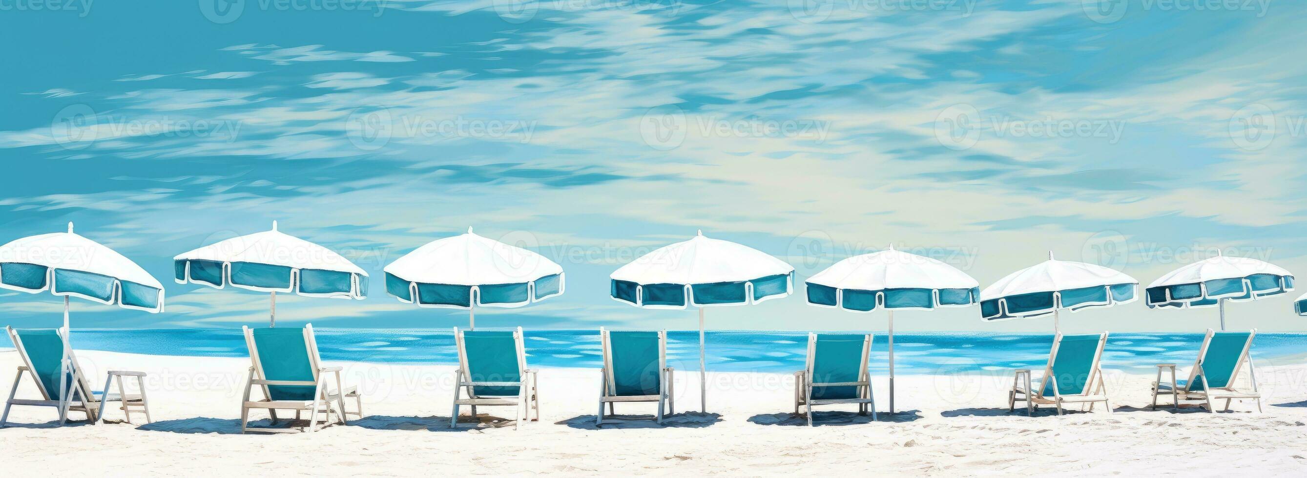 AI Generated beach scene of chairs under an umbrella in the sand photo