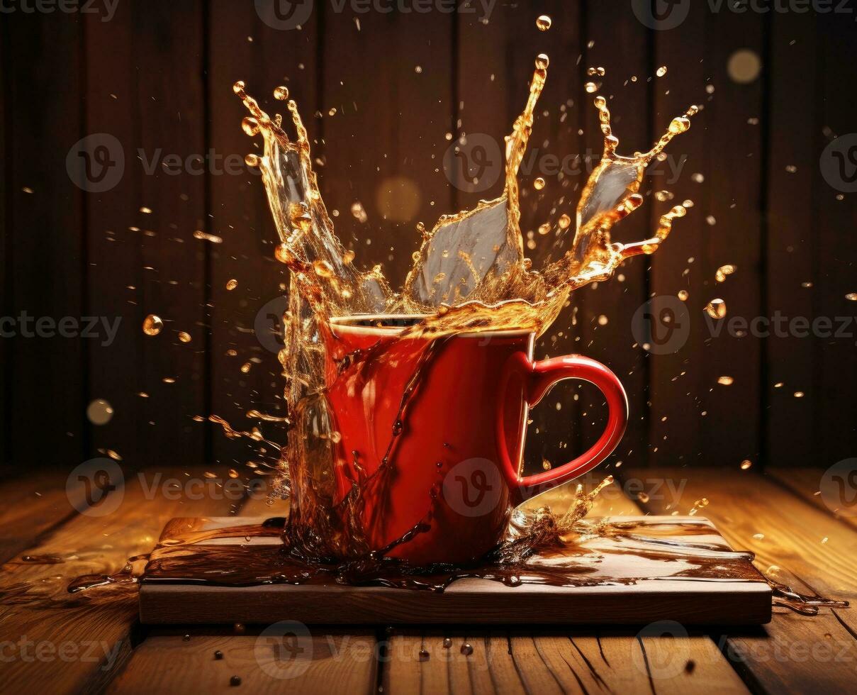 AI Generated A red cup with liquid splashing. Drink splash in a cup photo