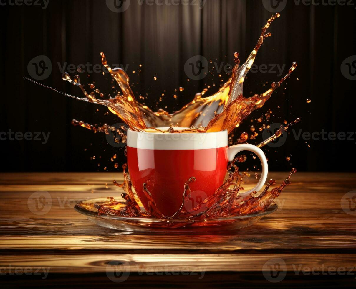 AI Generated A red cup with liquid splashing. Drink splash in a cup photo