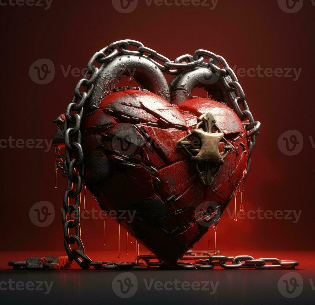 ai generado un roto corazón en cadenas un roto corazón. un pegado corazón foto