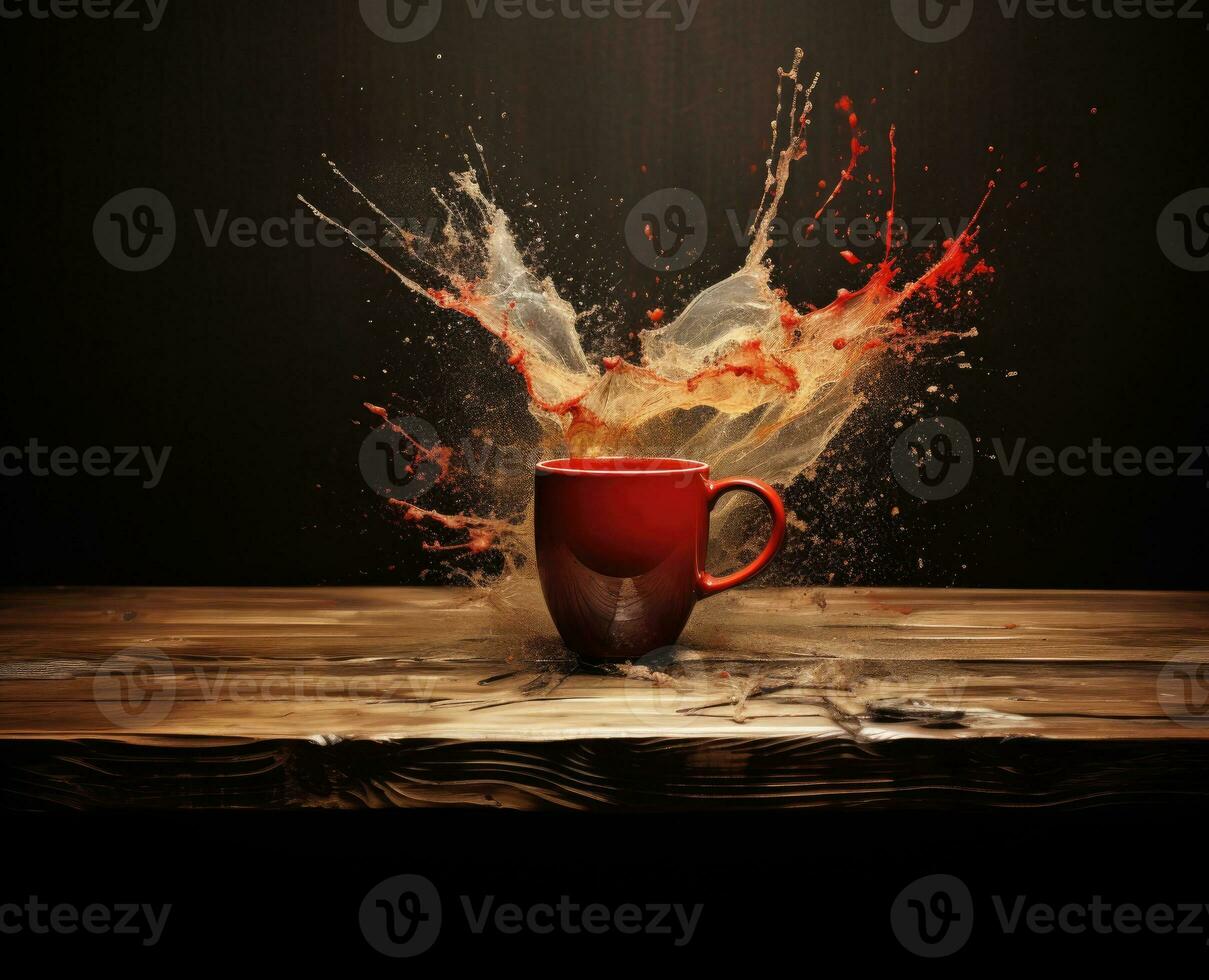 ai generado un rojo taza con líquido salpicando bebida chapoteo en un taza foto