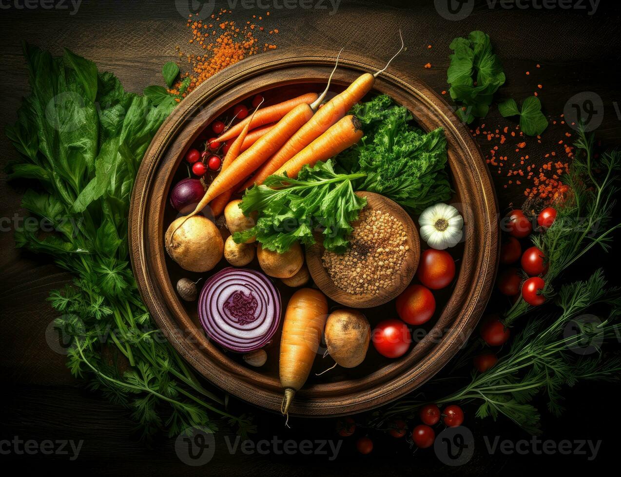 AI Generated Fresh vegetables on a wooden board. Vegetables on a board photo