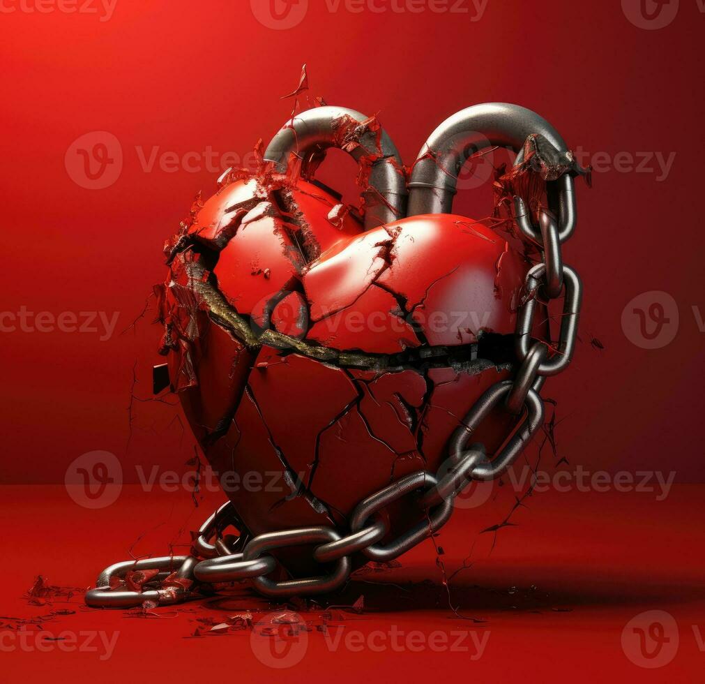 ai generado un roto corazón en cadenas un roto corazón. un pegado corazón foto