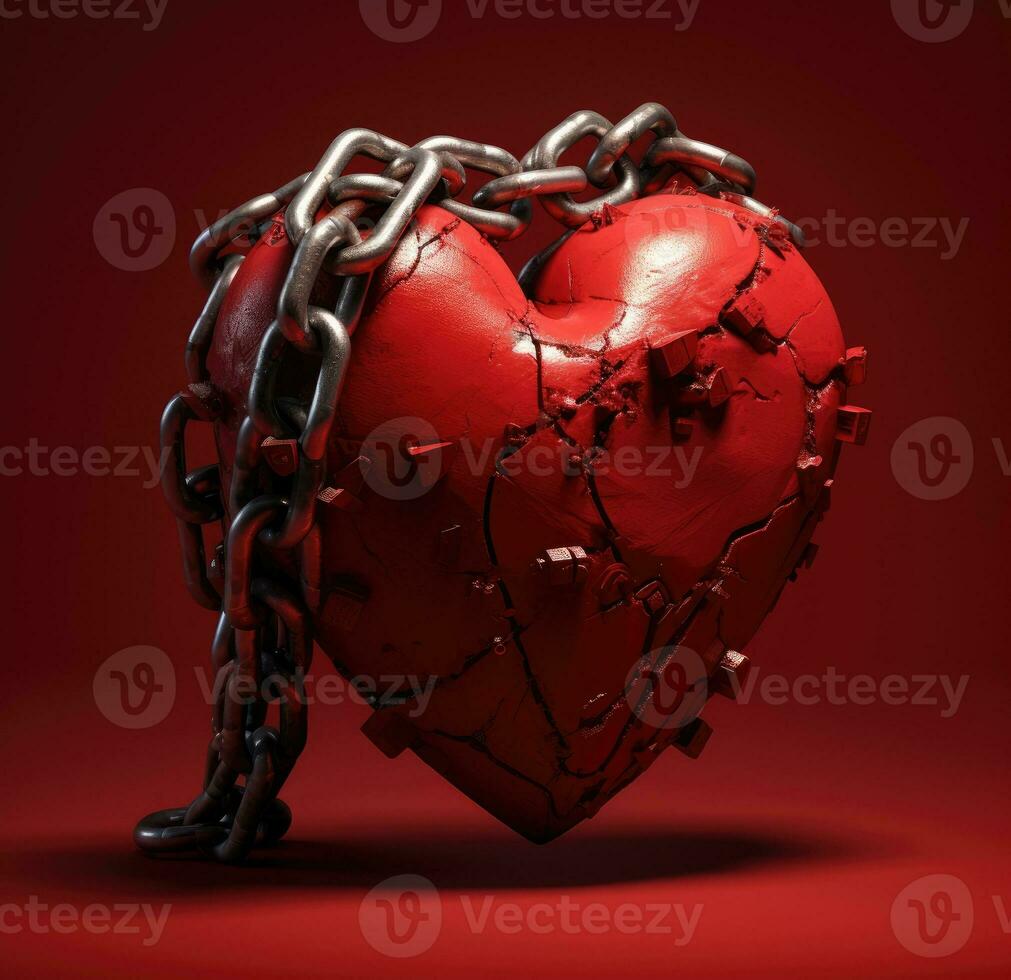 ai generado un roto corazón en cadenas un roto corazón. un pegado corazón foto