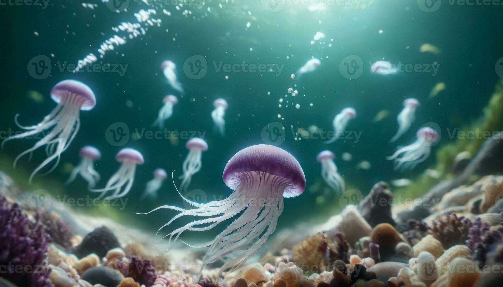 AI Generated Jellyfish Ballet in Magical Underwater Scene photo