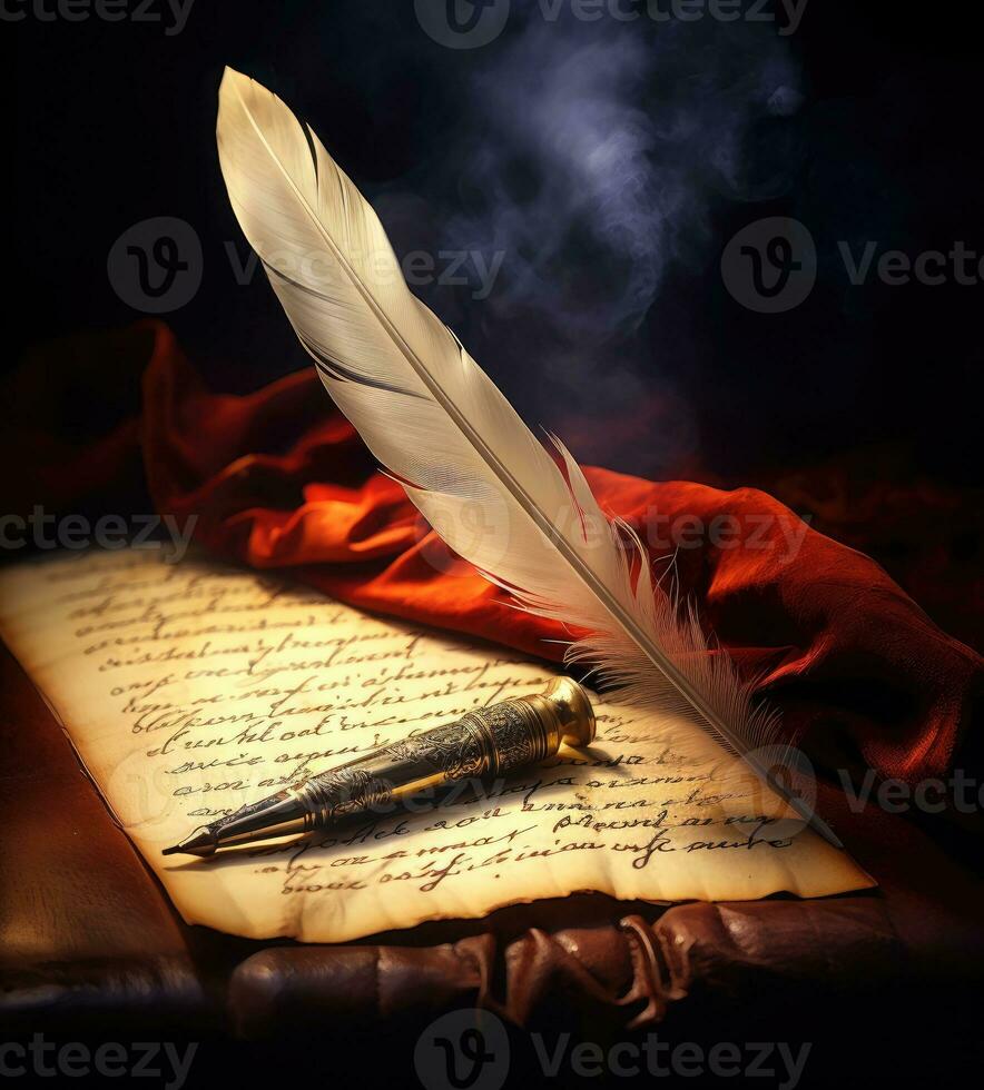 AI Generated Writing Pen. Pen and paper for writing. Old writing pen photo