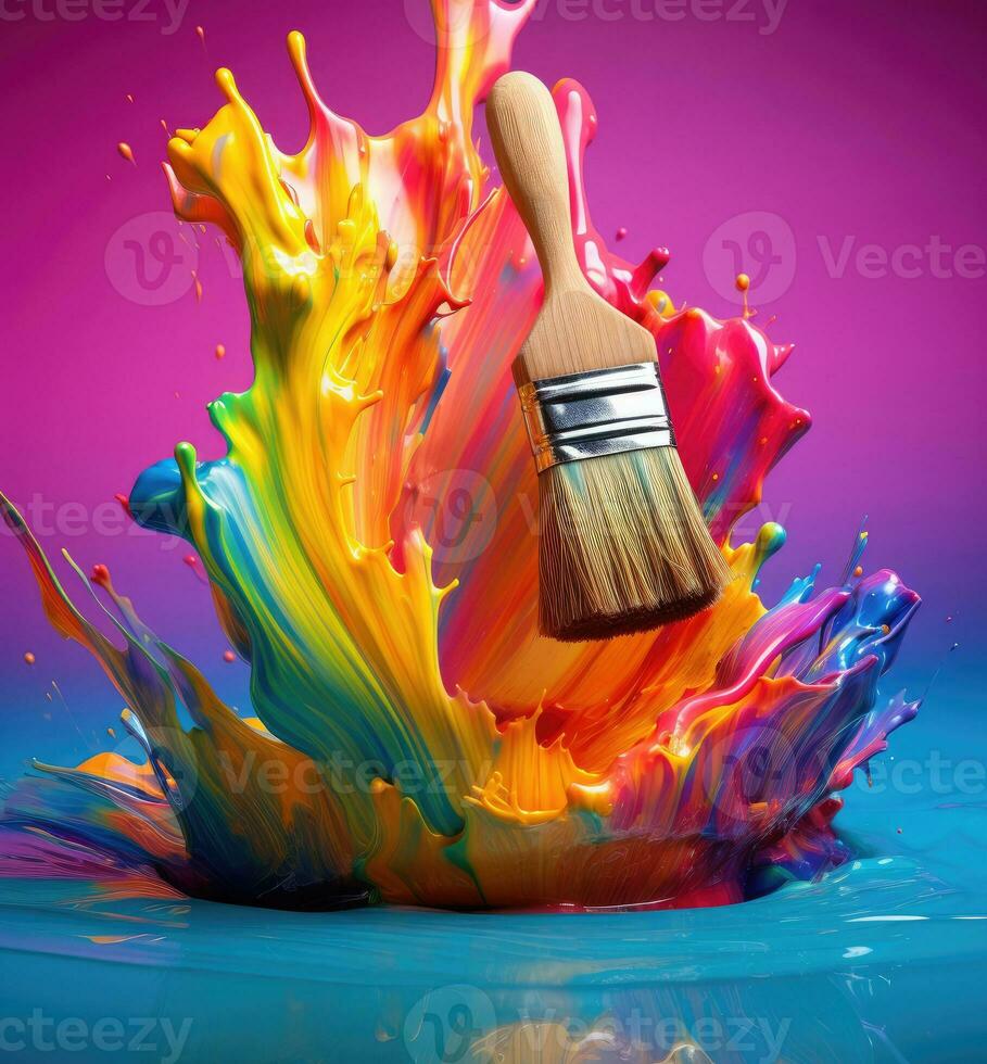 AI Generated A brush with rainbow paint. Rainbow paint. Paint brush. photo