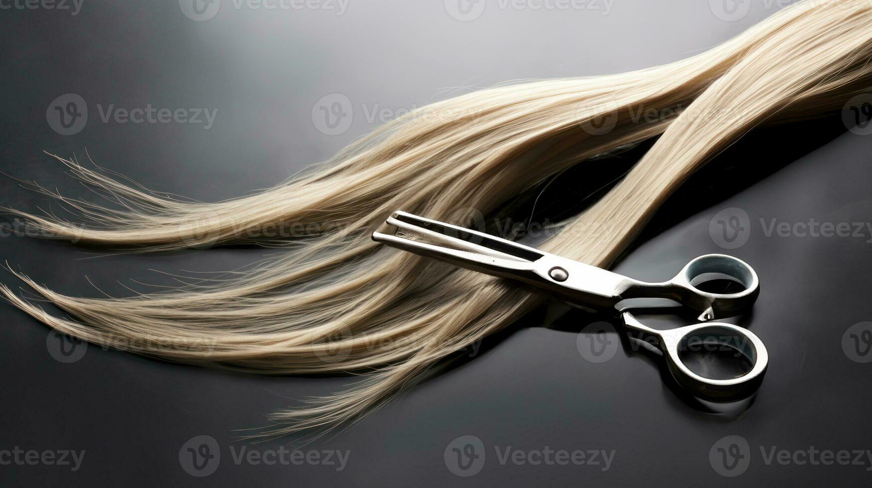 AI generated Precision in Cut - Hairdressers scissors with strand of blonde hair photo