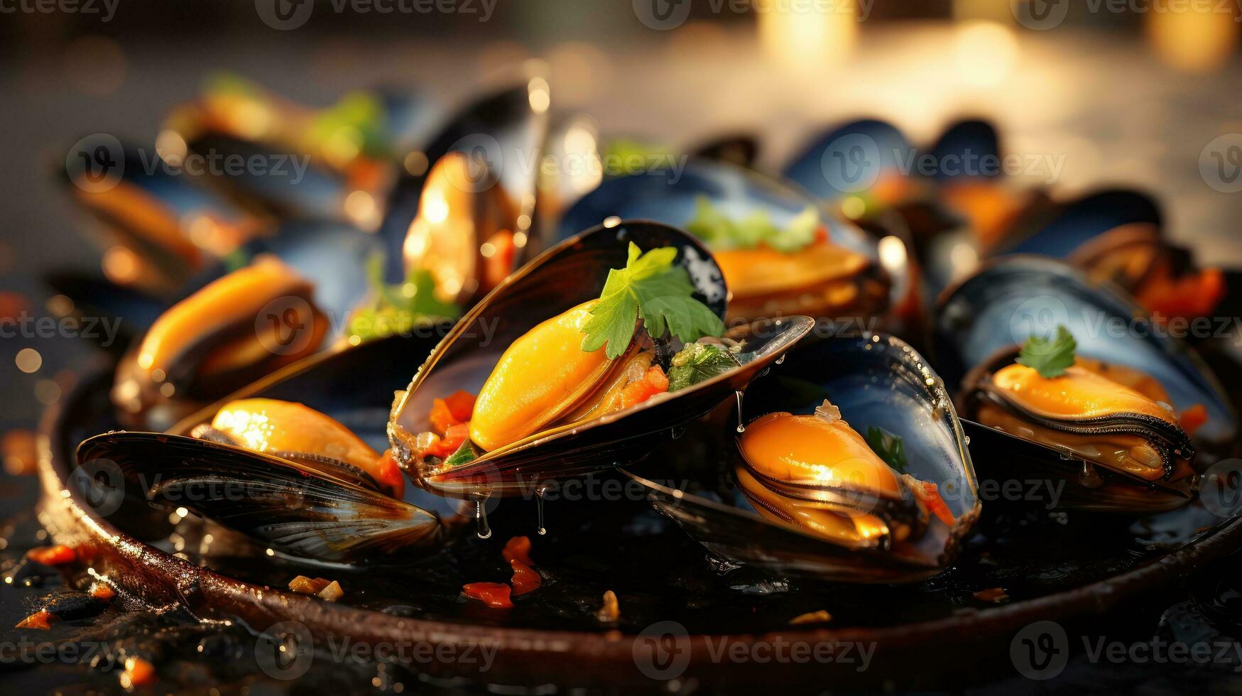 ai generado complacer en Fresco mejillones adornado con el distintivo sabores de el Mediterráneo foto