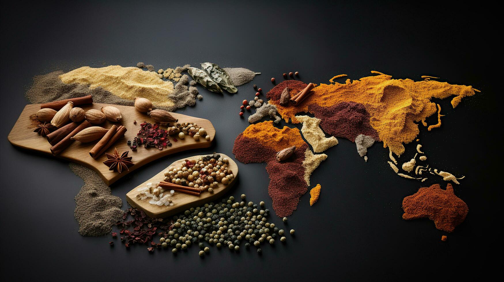 AI generated World map made of different spices on grey background photo