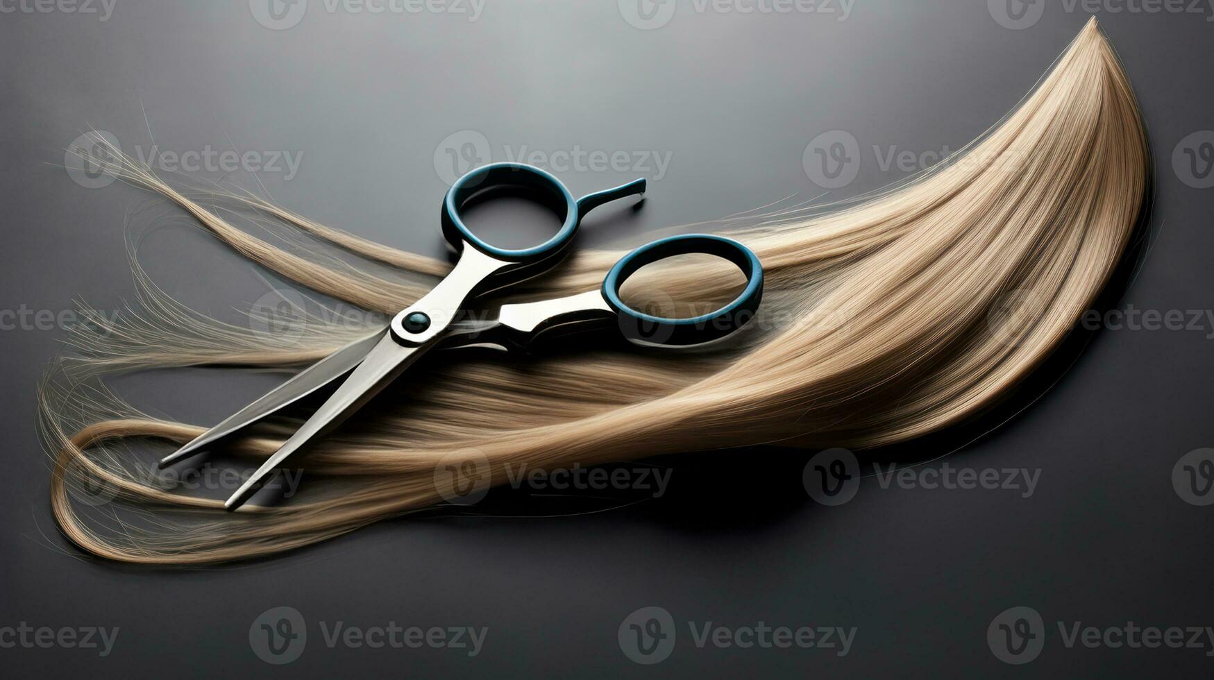 AI generated Capturing the Elegance of Hairdresser's Scissors and a Single Strand of Blonde Hair photo