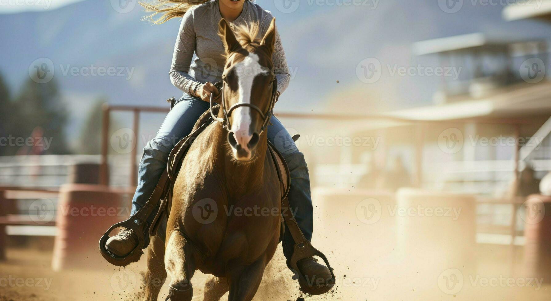 AI generated Cowgirls Showcasing Skill and Agility in the Intense Barrel Riding Event at a Traditional Rodeo photo