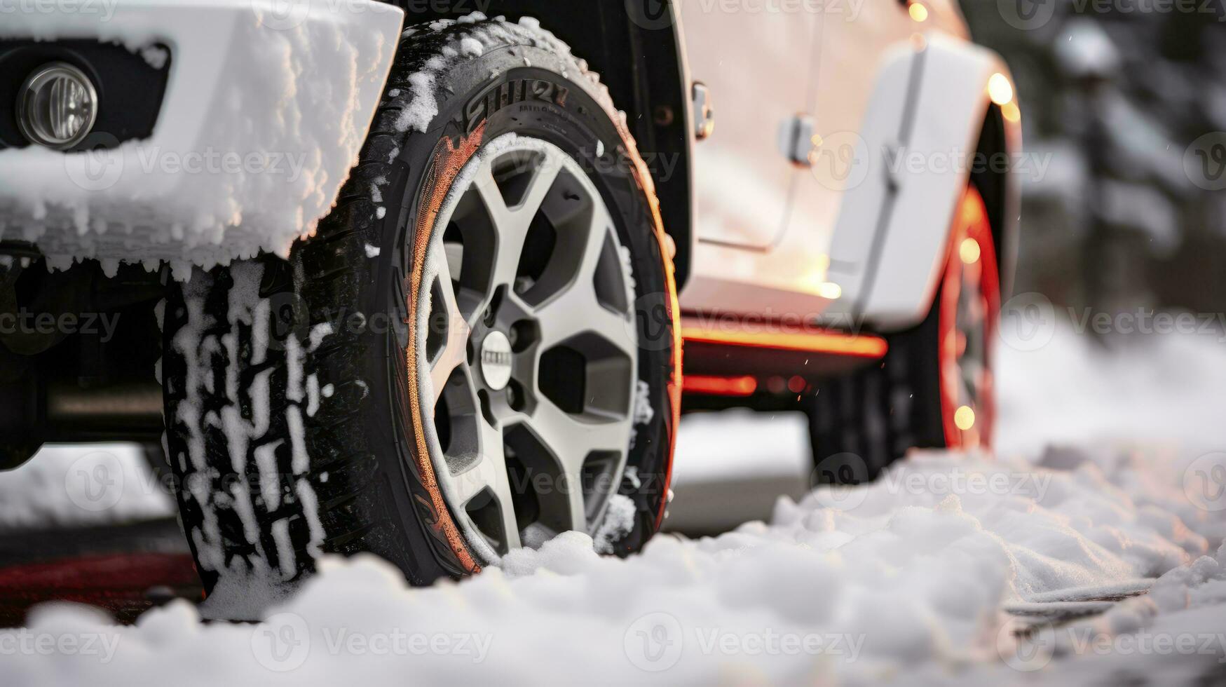 ai generado cubierto de nieve viaje - un cerca arriba Disparo de invierno llantas con nieve foto