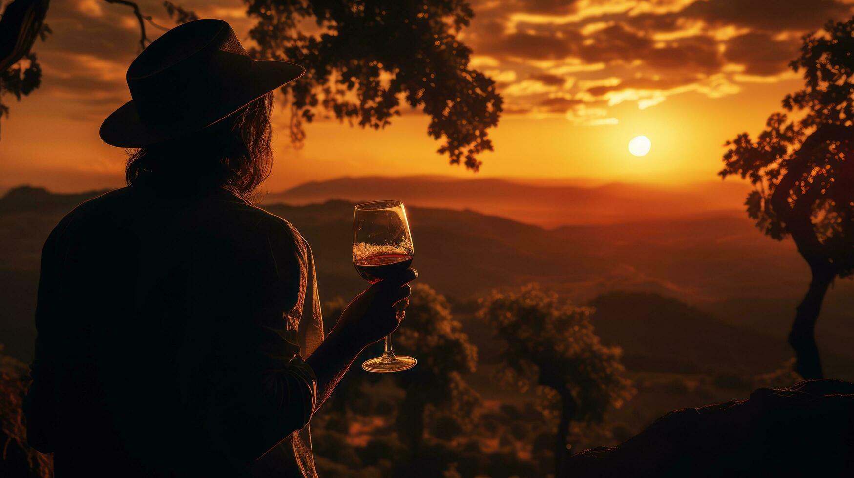 AI generated Evocative silhouette of a person relishing wine, surrounded by picturesque vineyards, as the sun sets in the background photo