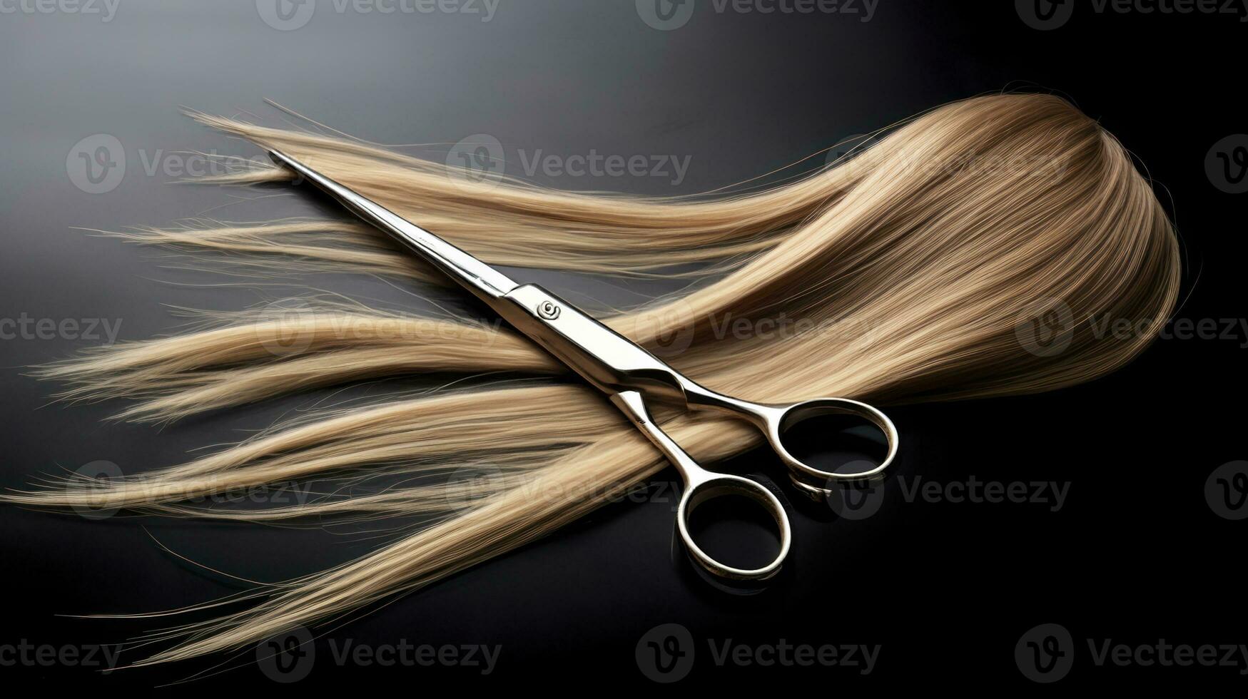 AI generated Capturing the Elegance of Hairdresser's Scissors and a Single Strand of Blonde Hair photo