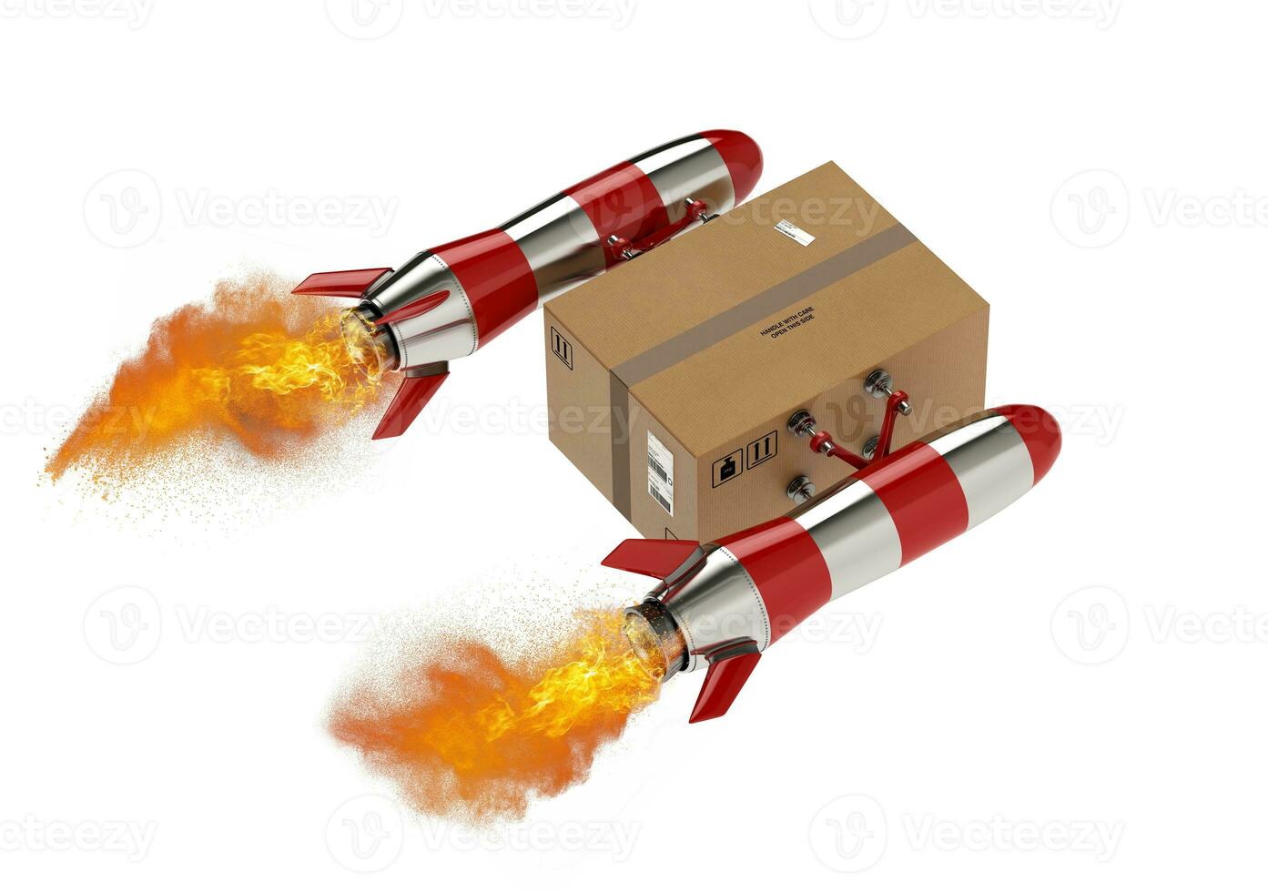 Fast delivery of a package by fast turbo rocket. 3d rendering photo