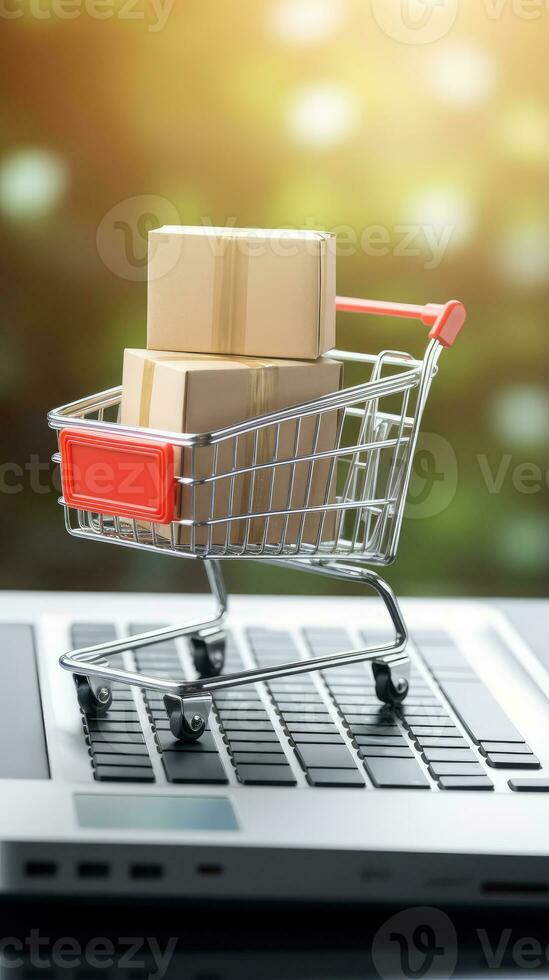 AI generated paper boxes parcel in a cart trolley on laptop in shopping online concept photo