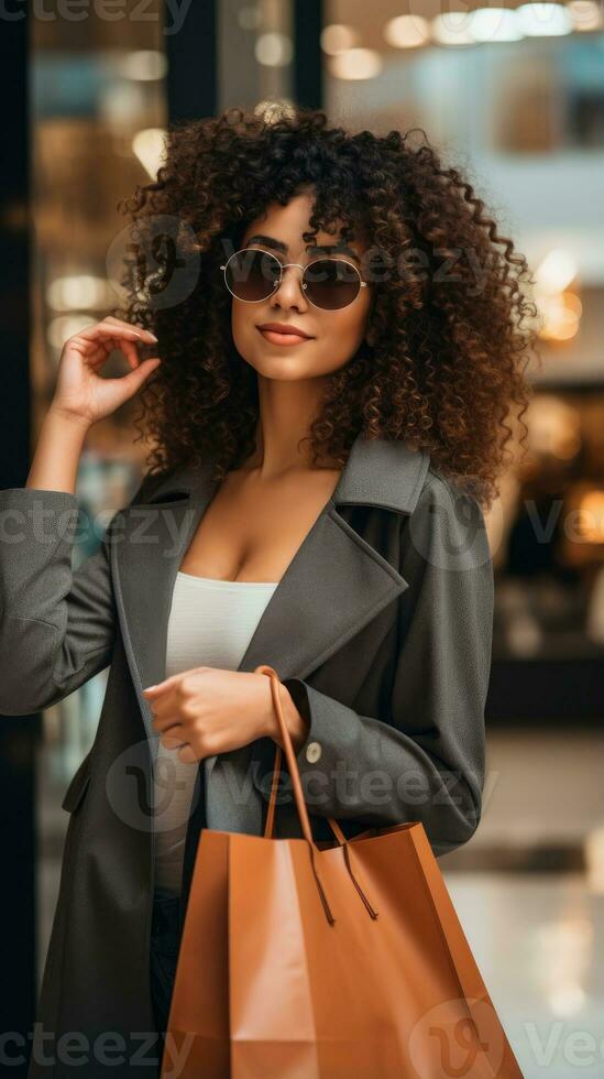 AI generated Happy curly African American woman smiling with shopping bag in a community mall photo