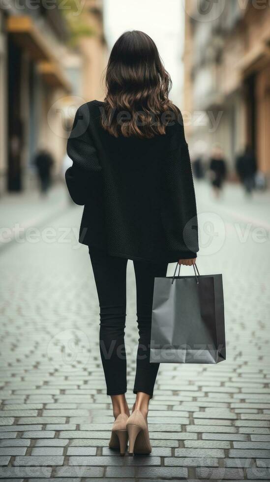 AI generated Rear view of brunette woman holding shopping bag with blur bokeh outdoors background. photo