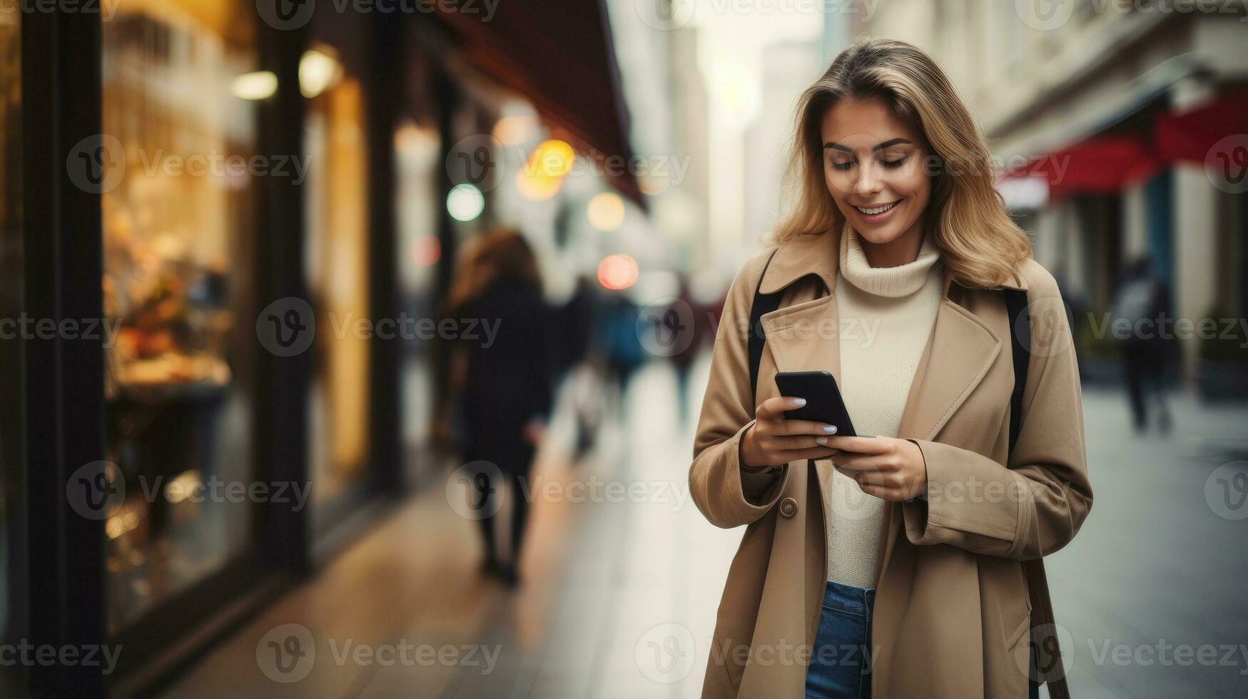 AI generated Portrait of happy woman using mobile phone standing on blur bokeh city background, consumerism lifestyle photo