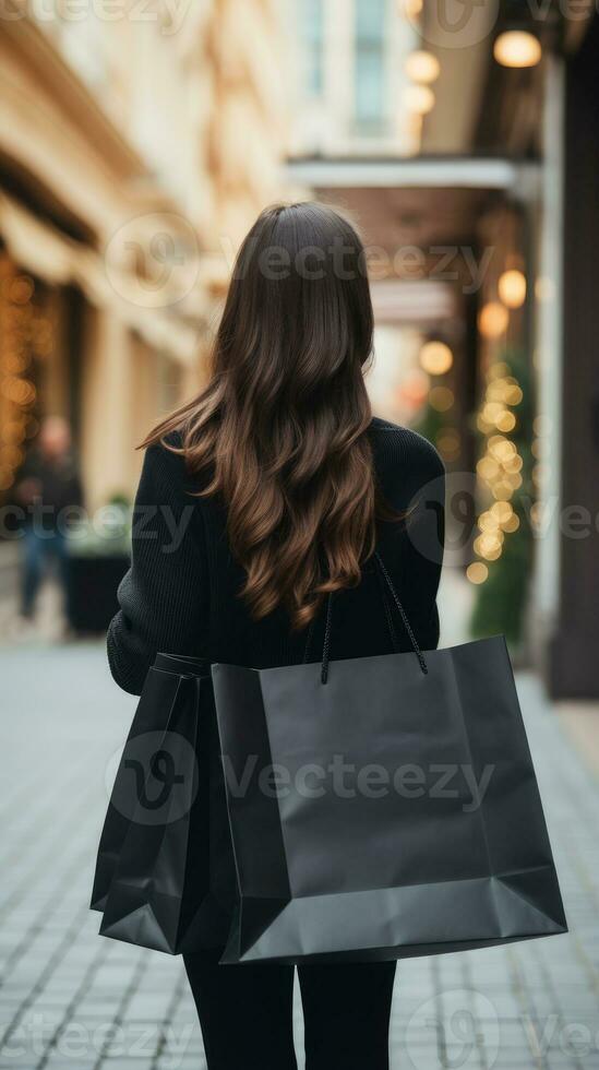 AI generated Rear view of brunette woman holding shopping bag with blur bokeh outdoors background. photo