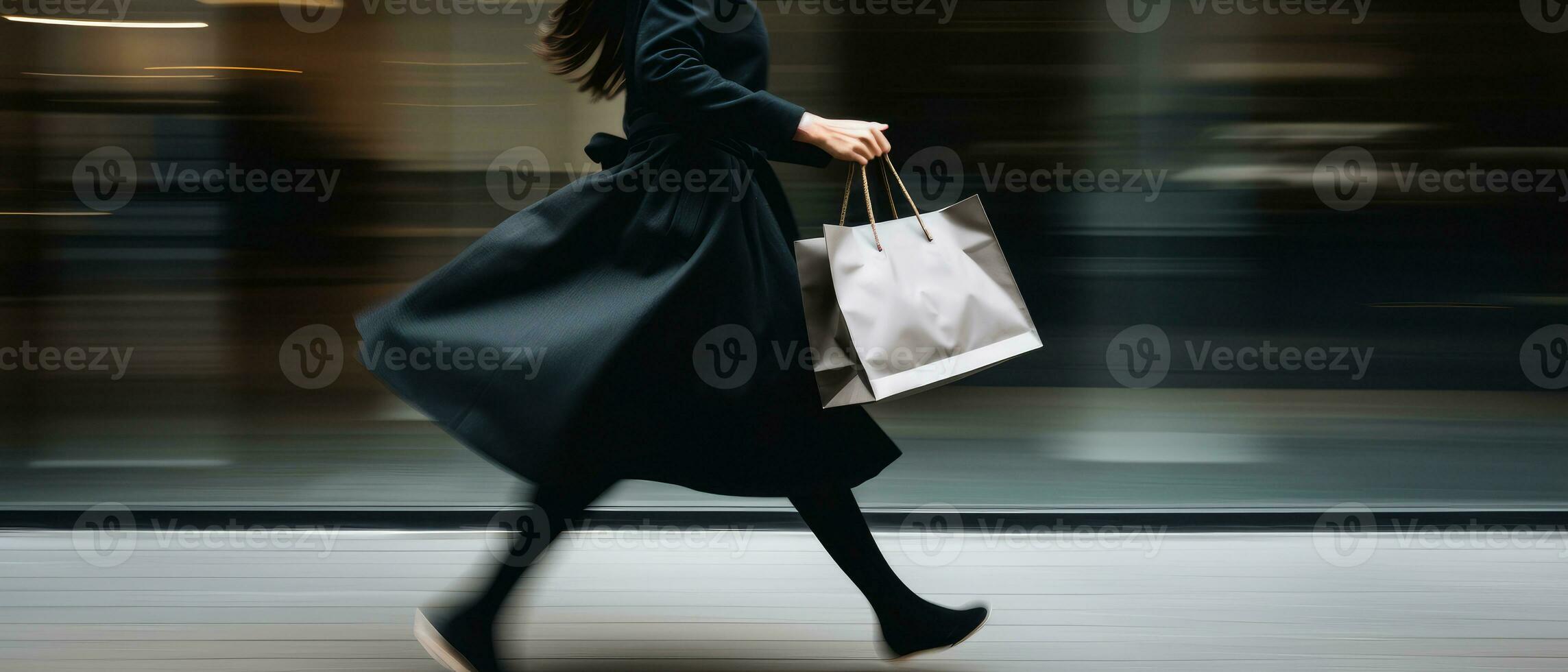 AI generated Blurred motion of woman walking and holding paper shopping bag in back view photo