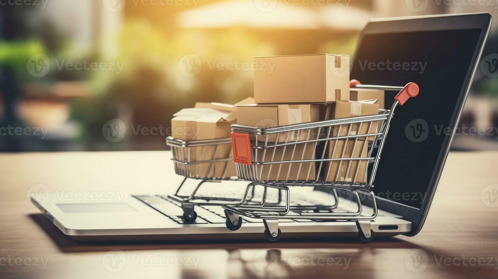 AI generated paper boxes parcel in a cart trolley on laptop in shopping online concept photo