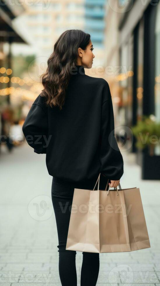 AI generated Rear view of brunette woman holding shopping bag with blur bokeh outdoors background. photo