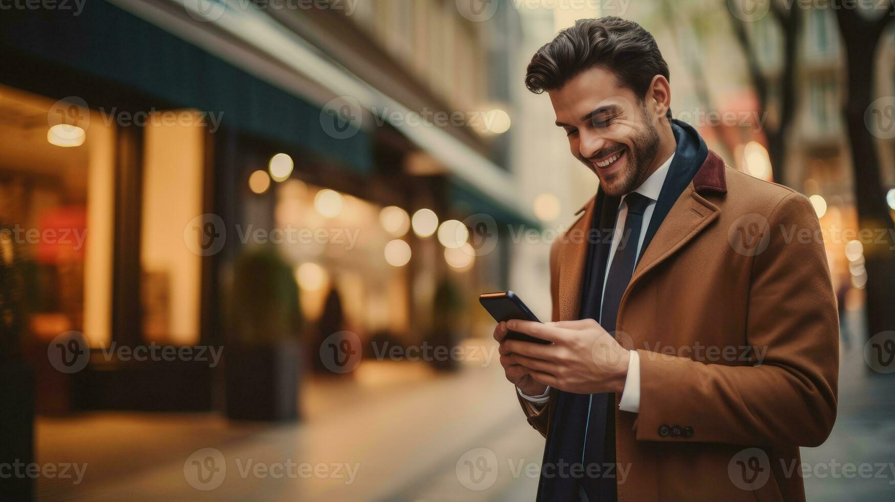 AI generated Portrait of happy man using mobile phone standing on blur bokeh city background, sale consumerism lifestyle photo