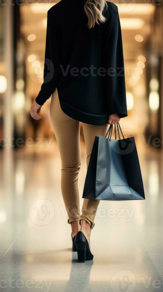AI generated Back view of modern shopper with shopping paperbag walking in the mall bokeh blur background photo