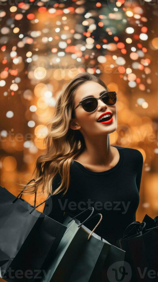 AI generated beautiful young woman in black dress with shopping bags on festival bokeh lights background in luxury concept photo