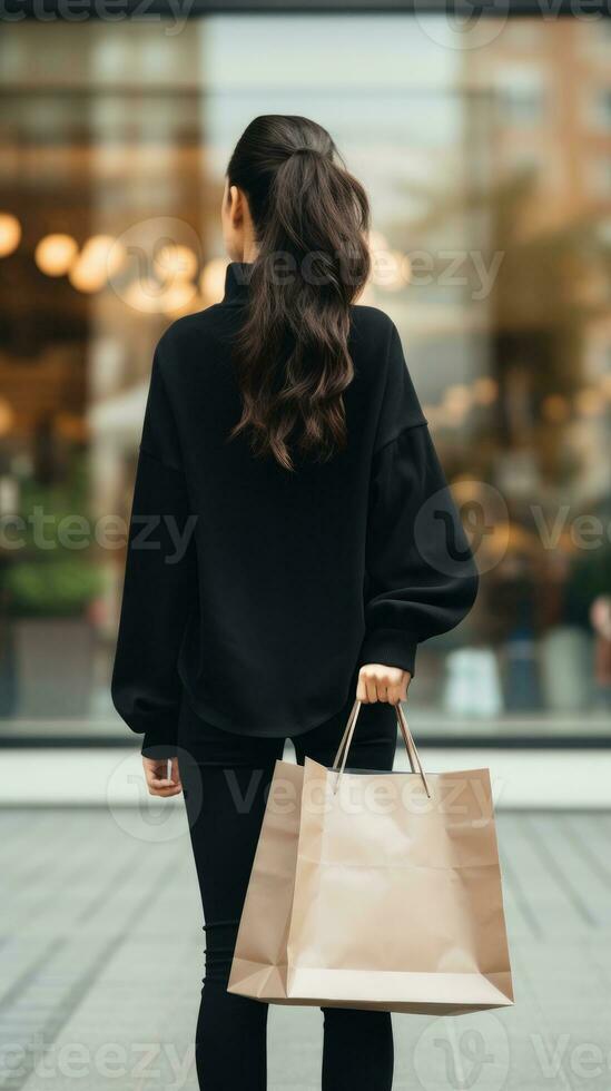 AI generated Rear view of brunette woman holding shopping bag with blur bokeh outdoors background. photo
