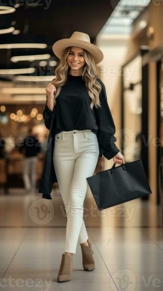 AI generated Modern shopper with shopping paperbag walking in the mall bokeh blur background photo