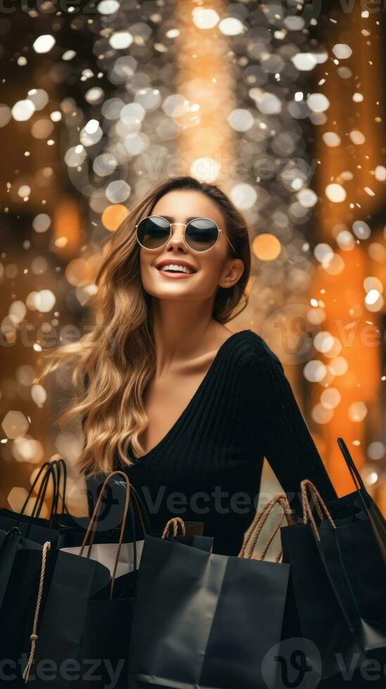 AI generated beautiful young woman in black dress with shopping bags on festival bokeh lights background in luxury concept photo