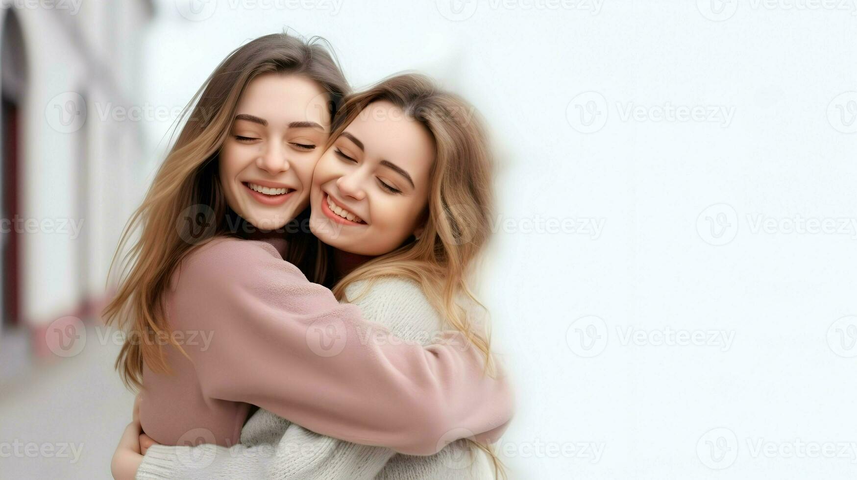 AI generated World Hug day background January 21 Two girls friends standing and hugging each other photo