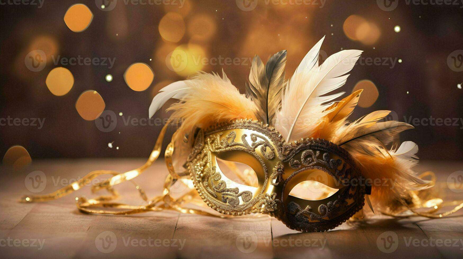 AI generated Happy Mardi Gras background with yellow feather face mask isolated bokeh background photo
