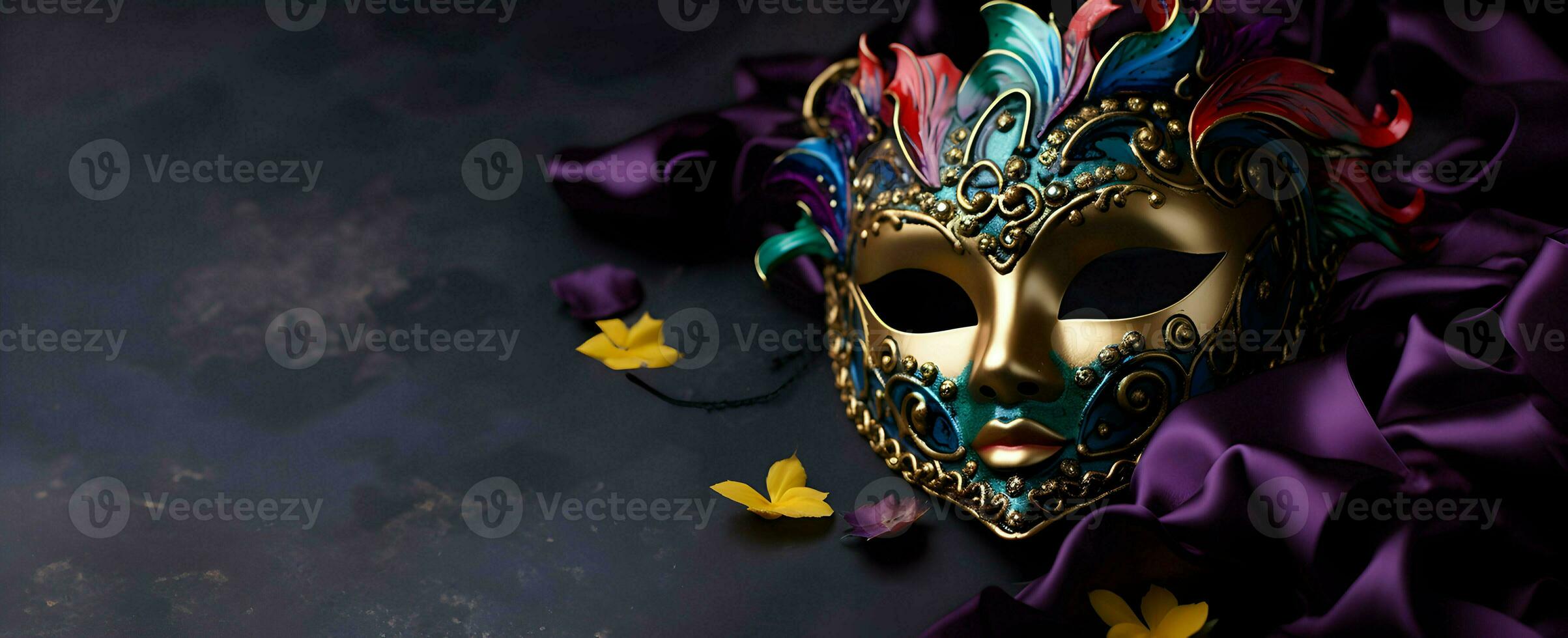 AI generated Mardi Gras Party invitation copy space banner with Elegant carnival mask isolated dark background photo