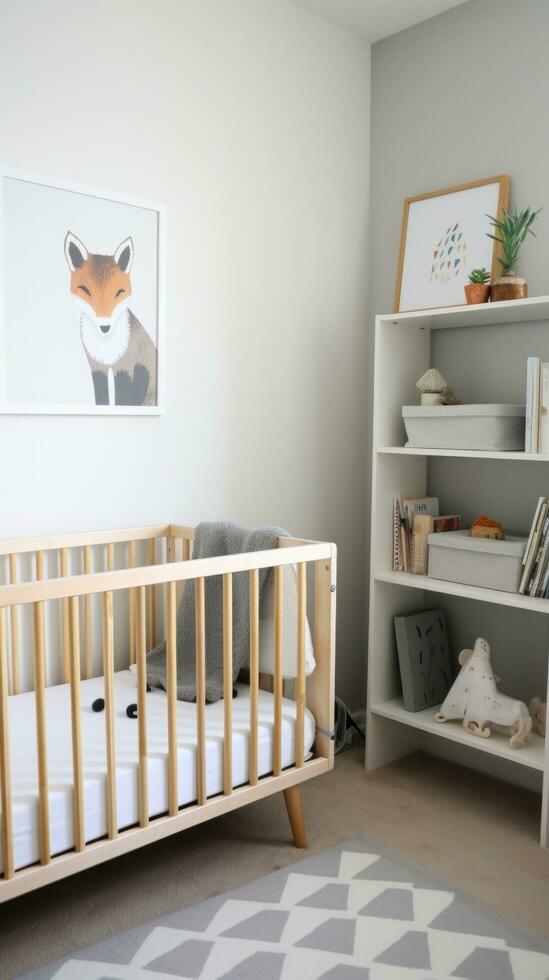 AI generated A stylish children's room with a gray and white color scheme, a wooden crib with a gray crib sheet photo