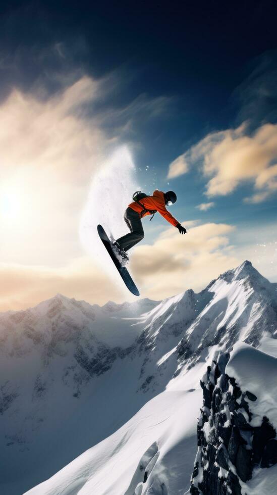 AI generated A snowboarder performing a trick in mid-air, with the snow-covered mountain in the background photo