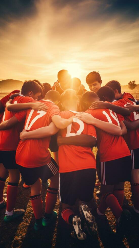 AI generated A group of young soccer players huddled together in a team talk, with the sun setting behind them photo