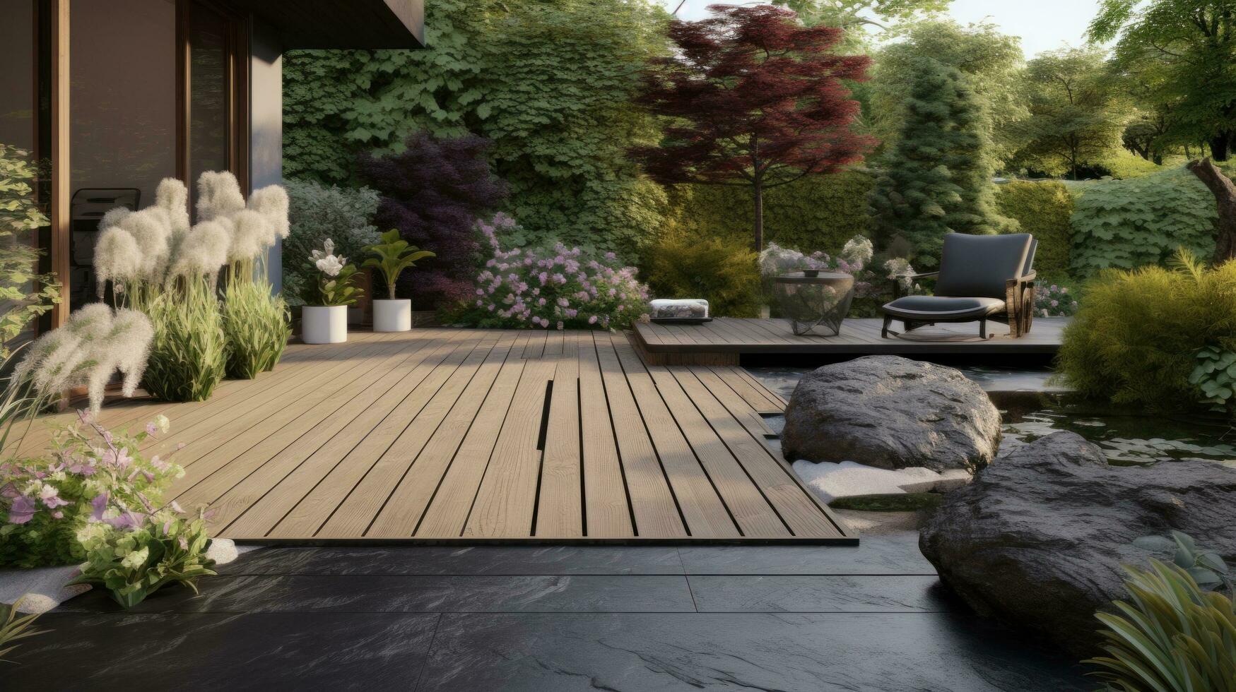 AI generated a modern garden with a unique set of outdoor furniture, well-maintained greenery photo