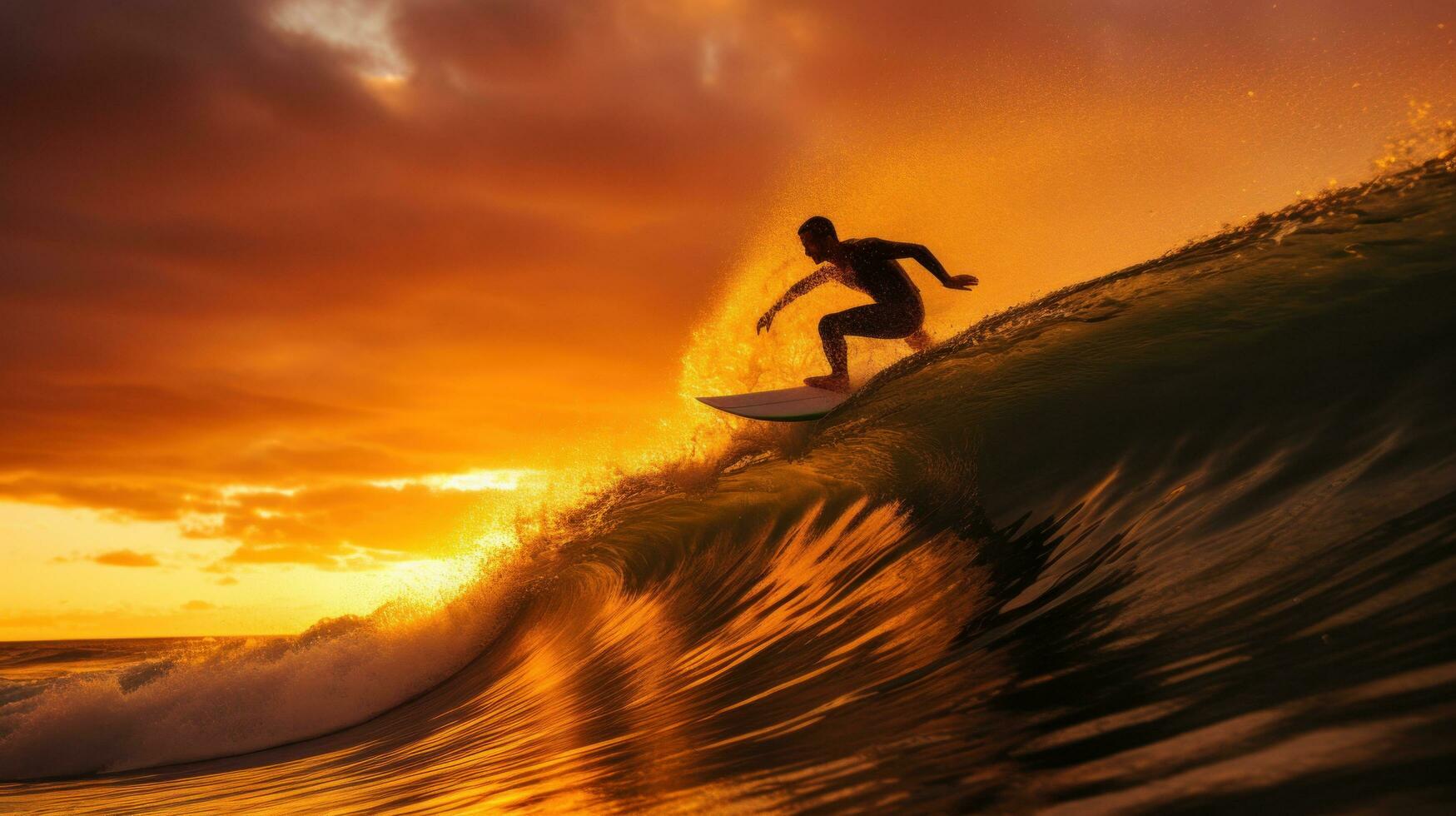 AI generated A surfer riding a wave in the ocean, with the sun setting behind them photo
