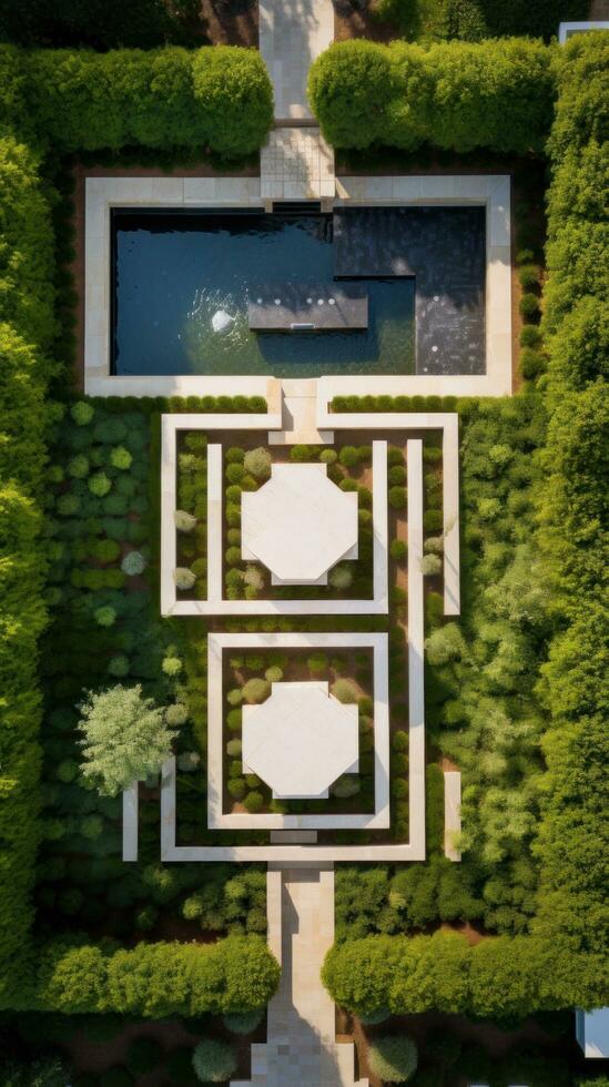 AI generated A stunning aerial shot of a modern garden design featuring a geometric pattern of hedges. photo