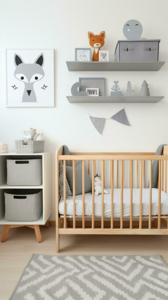 AI generated A stylish children's room with a gray and white color scheme, a wooden crib with a gray crib sheet photo