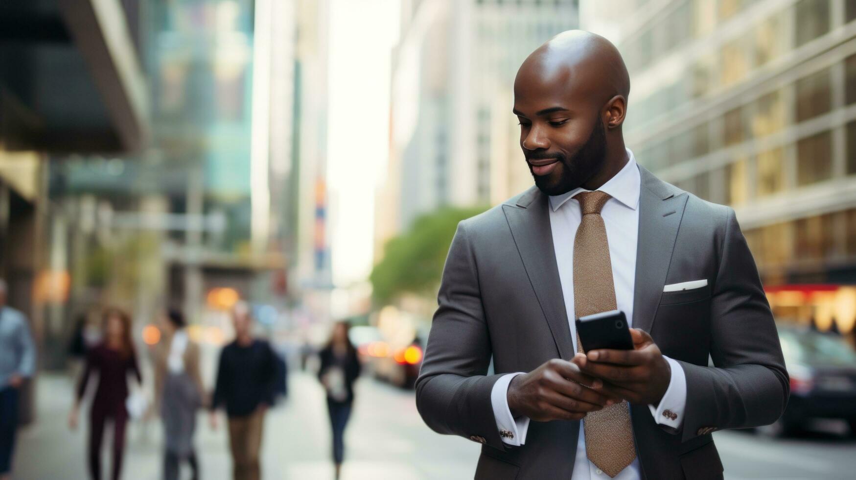 AI generated A man in a suit walking down a busy city street, looking at his phone with skyscrapers in background photo