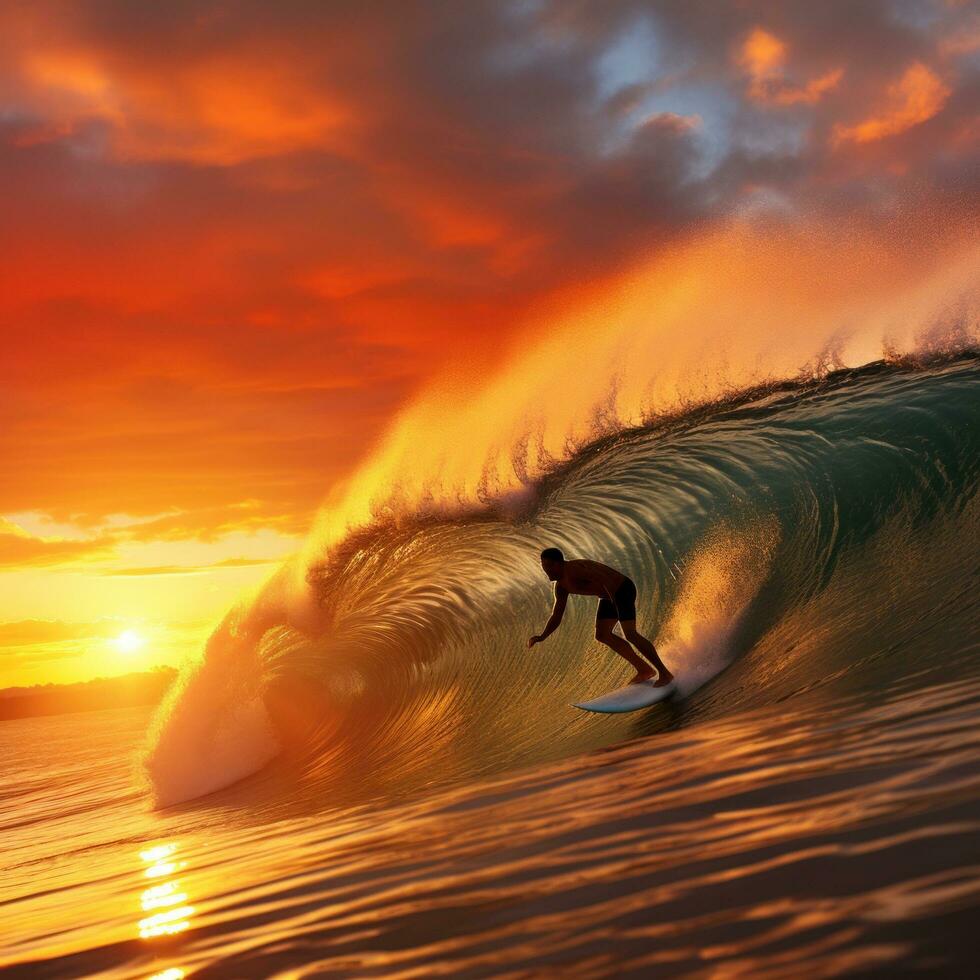 AI generated A surfer riding a wave in the ocean, with the sun setting behind them photo