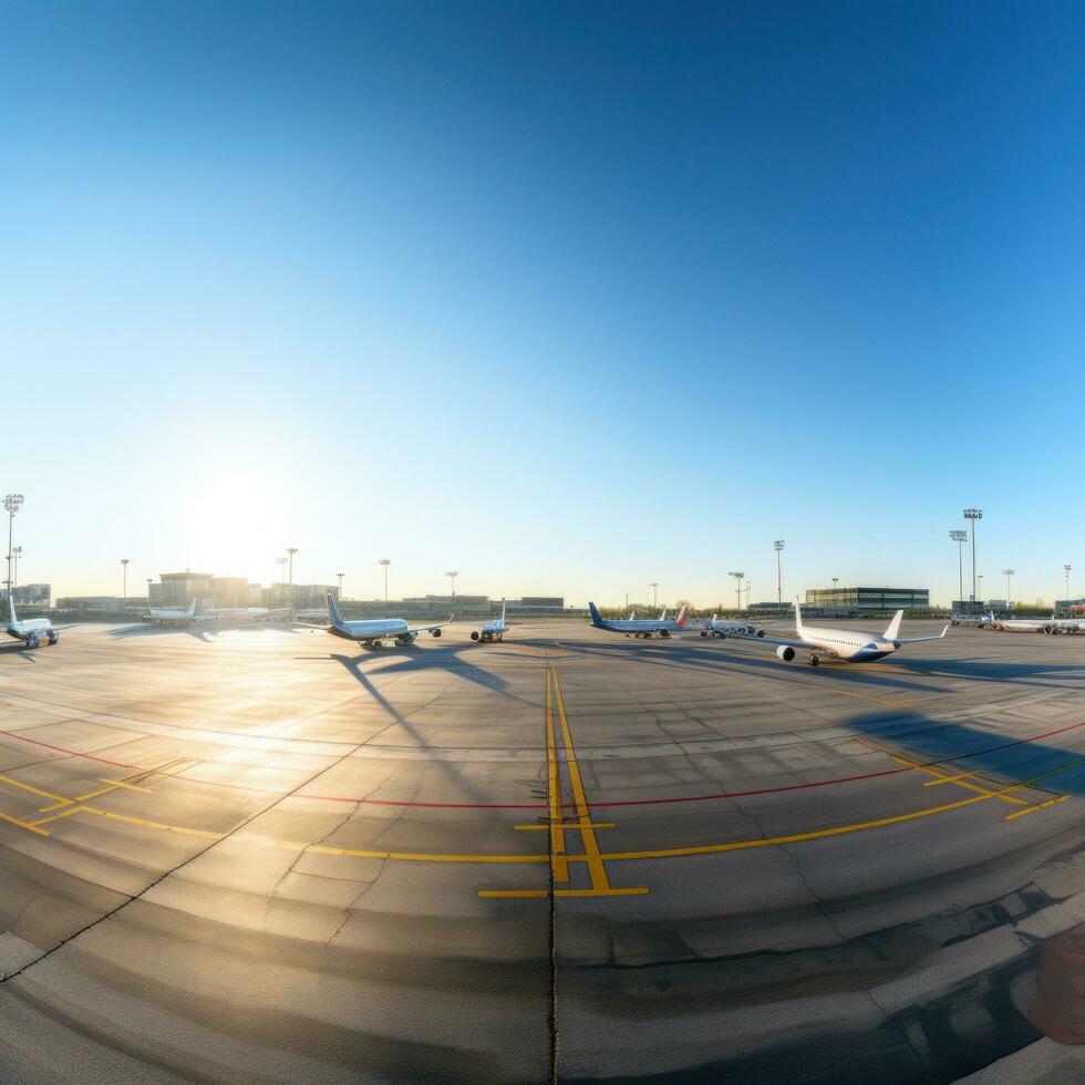 AI generated panoramic view of an airport runway with planes parked and in motion photo