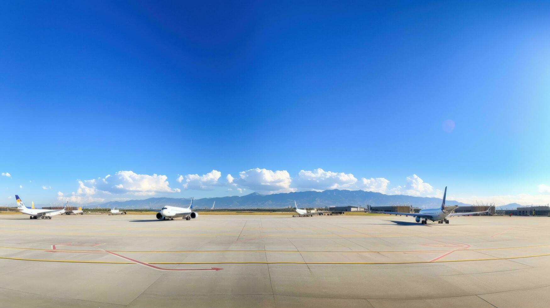 AI generated panoramic view of an airport runway with planes parked and in motion photo